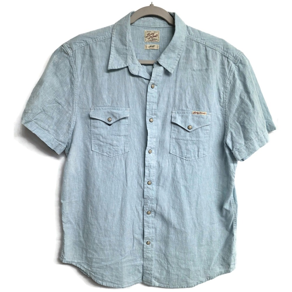 Lucky Brand Mens Blue Linen Blend Short Sleeve Western Pearl Snap Shirt Large